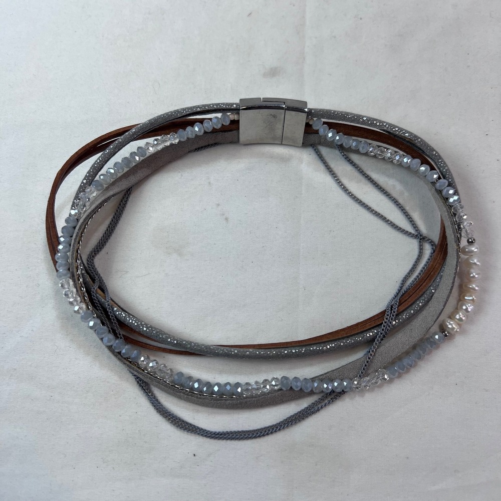 Multi Strand Magnetic Grey Suede Pearl Bead Layered Necklace or wrap bracelet